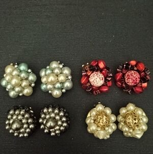 Vintage Cluster Pearl and Bead Flower Clip-On Earrings - Hong Kong